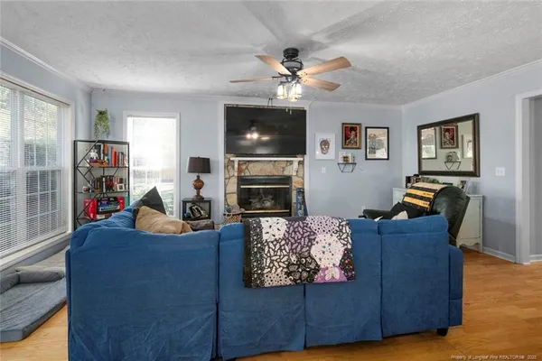 a living room with furniture a flat screen tv and a fireplace