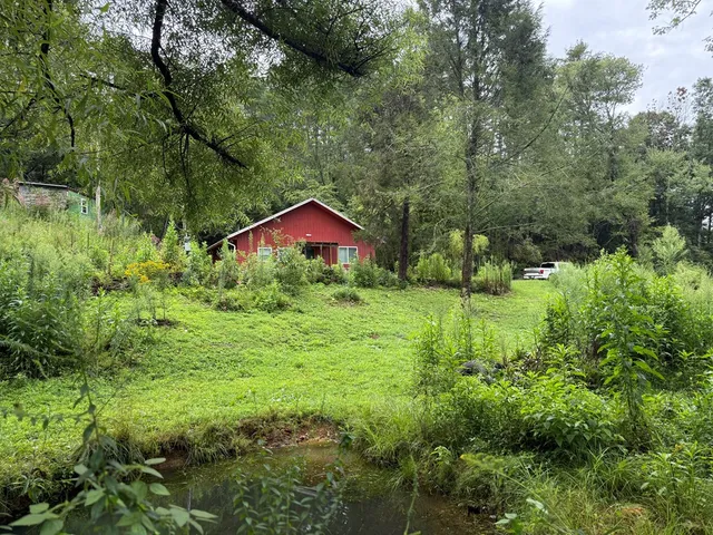 a view of a lake with a yard