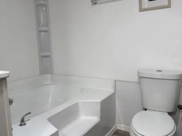 a white toilet sitting next to a bath tub