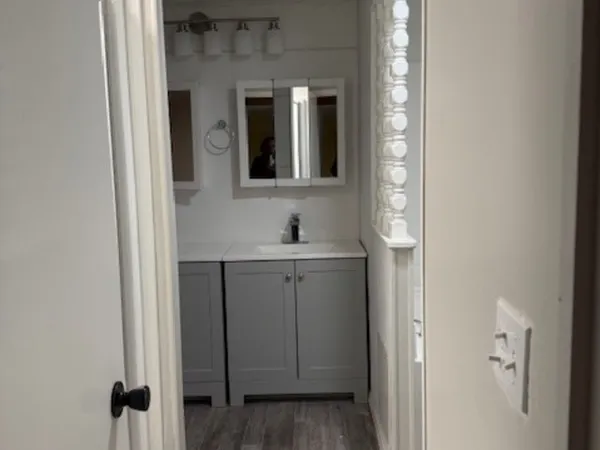 a bathroom with a sink and a mirror