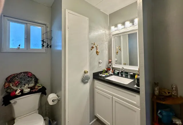 a bathroom with a sink a toilet and a mirror