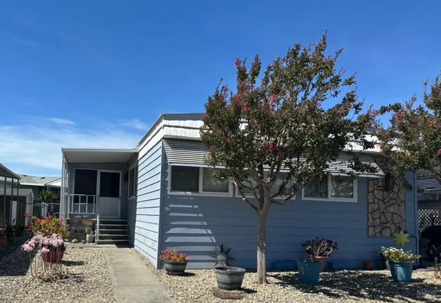 a front view of a house with a tree