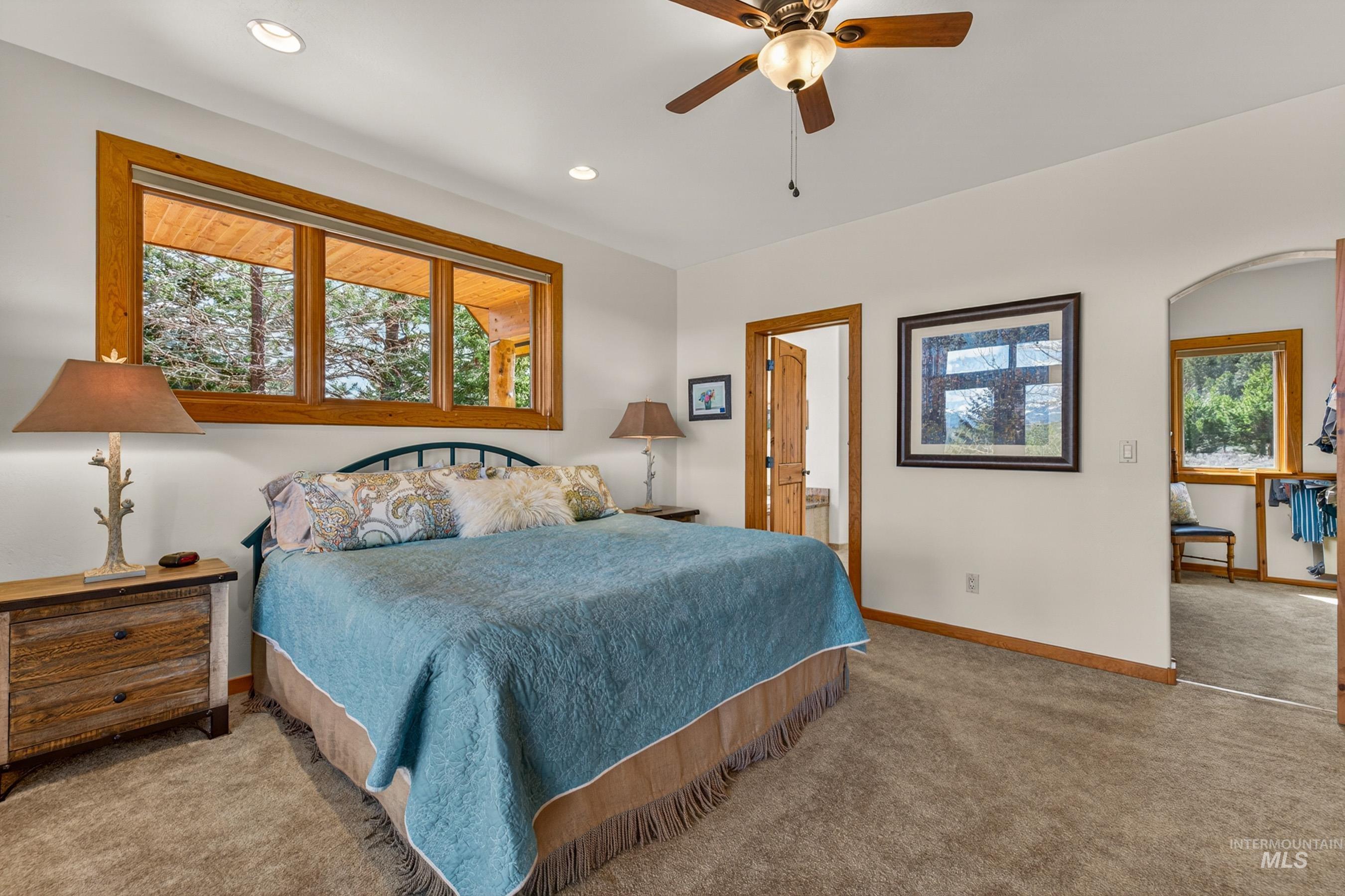 8 Bitterroot Court McCall, ID 83638 - Photo 20 of 50 Bedroom featuring carpet floors, a ceiling fan, and recessed lighting