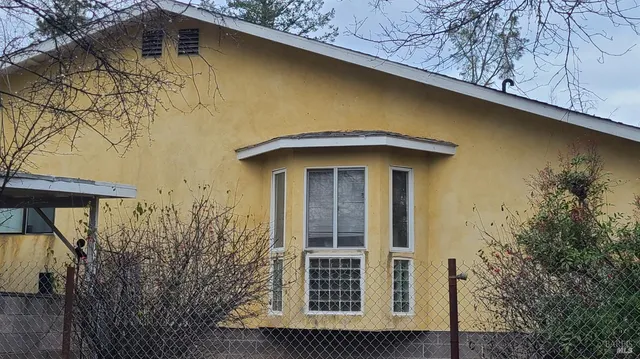 a front view of a house with plants