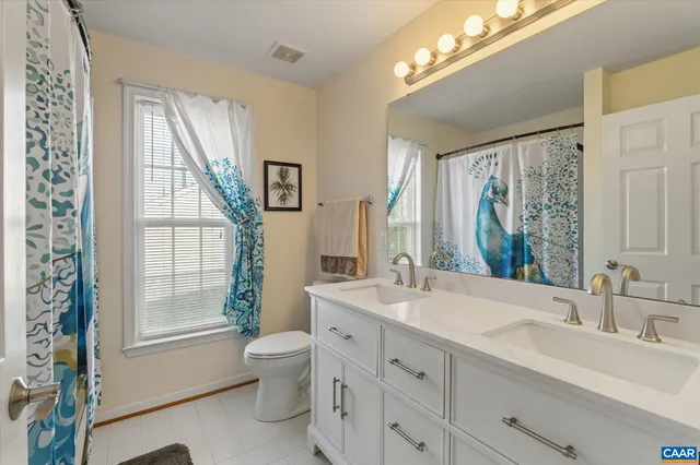 a bathroom with a double vanity sink toilet and a mirror