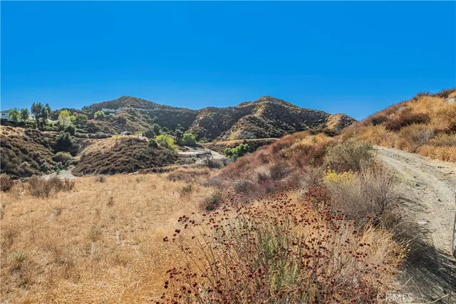 a view of a dry yard with mountains in the background