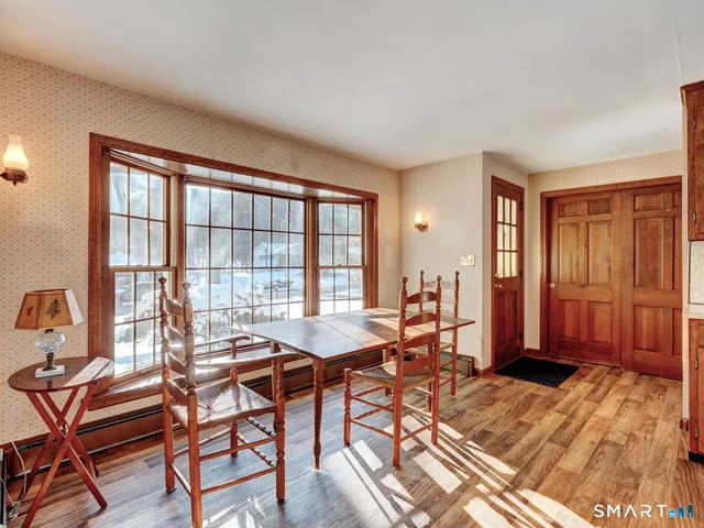 a view of a dining room with furniture window and outside view