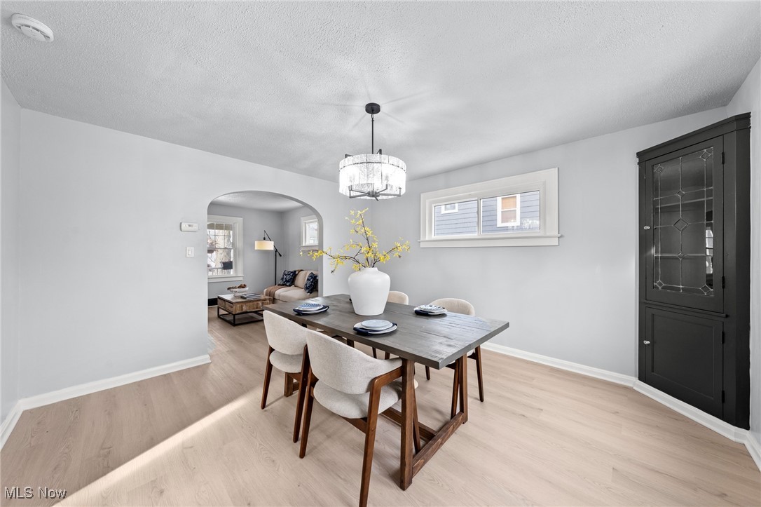 1193 Mayfield Ridge Road Cleveland, OH 44124 - Photo 11 of 35 Dining area featuring arched walkways, a textured ceiling, light wood-style floors, and a chandelier