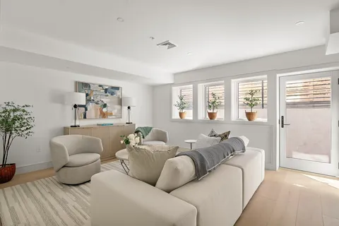 a living room with furniture and a potted plant