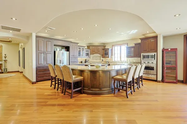 a view of a dining room with furniture