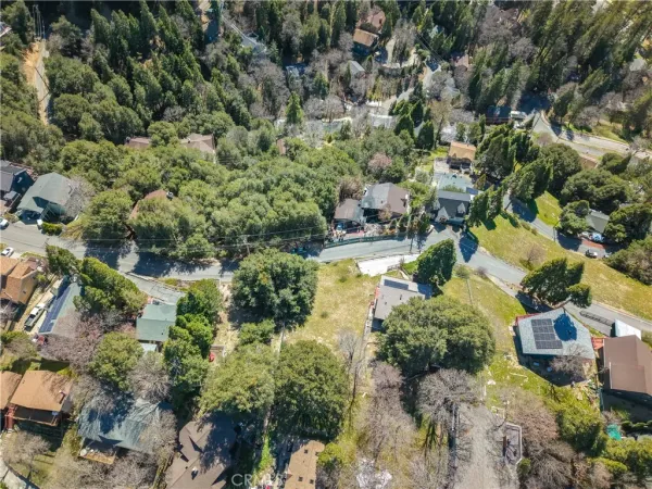 an aerial view of residential houses with outdoor space and trees