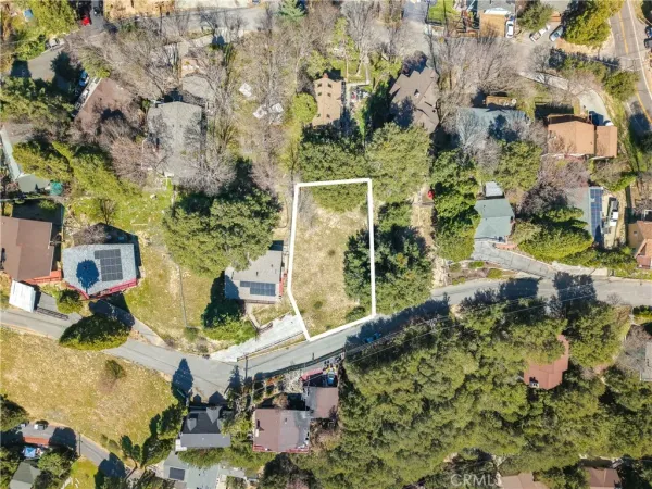 an aerial view of a house with swimming pool and large trees
