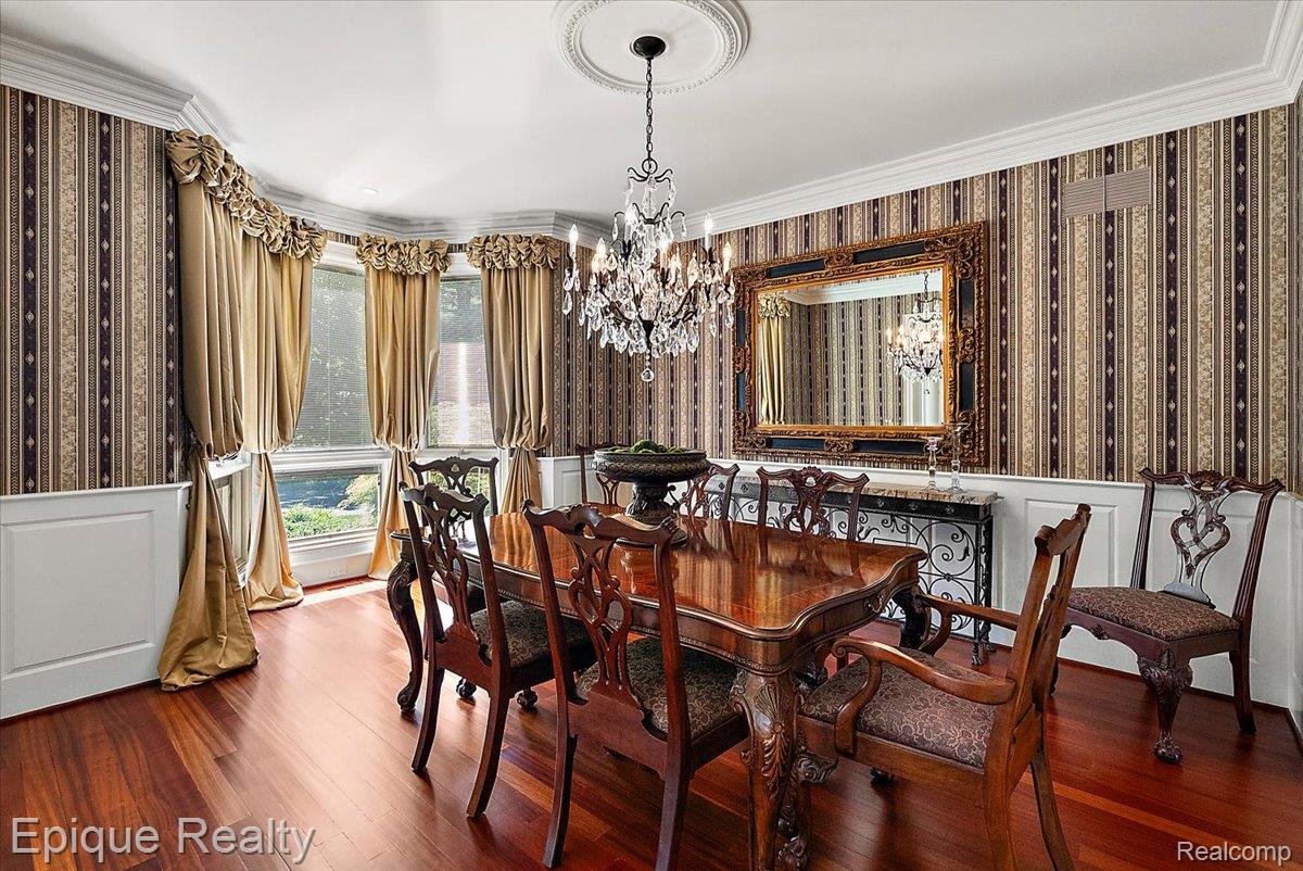 7662 Devins Ridge Clarkston, MI 48348 - Photo 37 of 81 Formal dining area featuring rich wood-finish flooring, wainscoting, and patterned wall covering