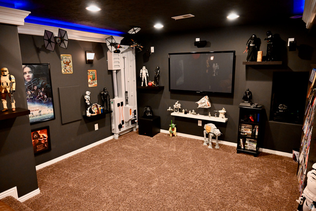 314 Brown Farm Lane Draper, UT 84020 - Photo 33 of 57 Spacious media room featuring plush carpeting, recessed lighting, wall-mounted television, built-in shelving, and accent wall sconces