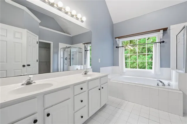 a bathroom with a tub a sink and mirror