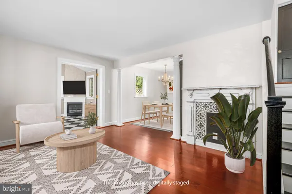 a living room with furniture and a potted plant