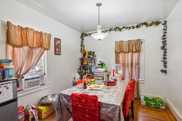 a view of a dining room with furniture