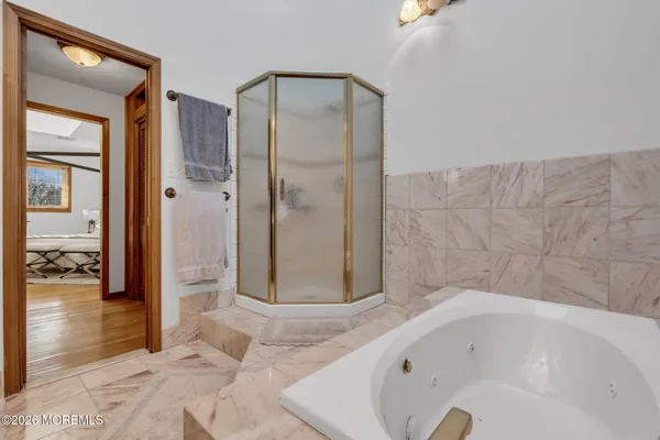 a bathroom with a bathtub and a shower