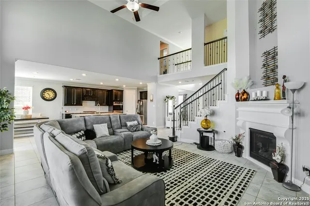 a living room with furniture and a table