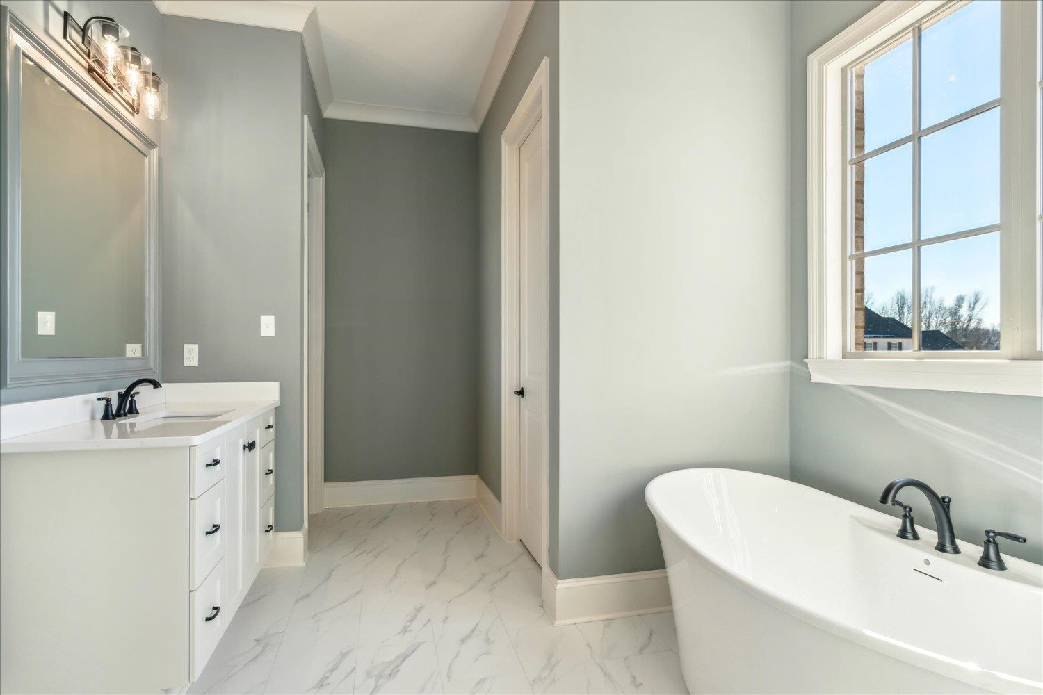 12620 Miss Cloud Road Collierville, TN 38017 - Photo 22 of 38 Bathroom with vanity, crown molding, and a bathing tub
