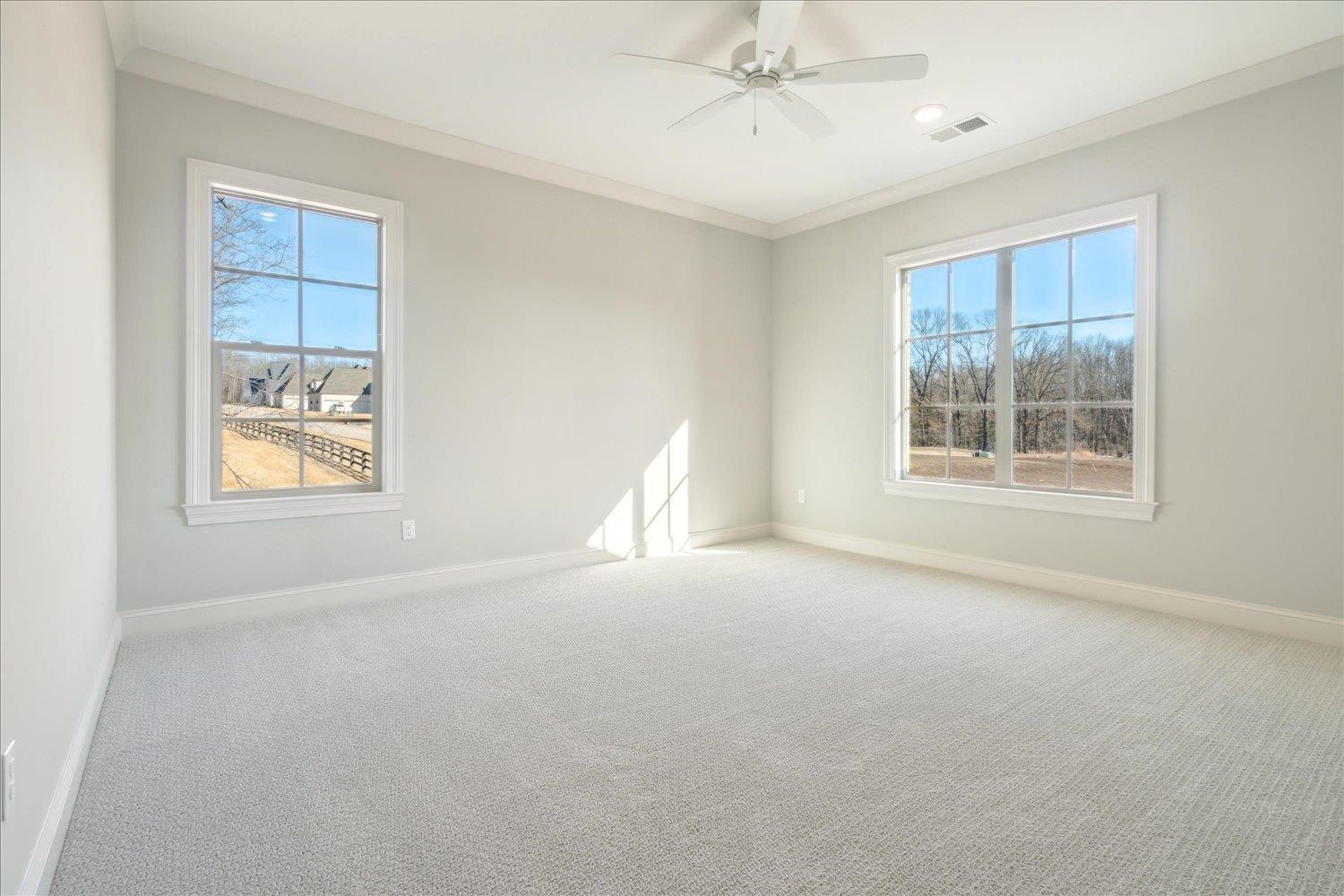 12620 Miss Cloud Road Collierville, TN 38017 - Photo 33 of 38 Carpeted spare room featuring ceiling fan, a wealth of natural light, and crown molding