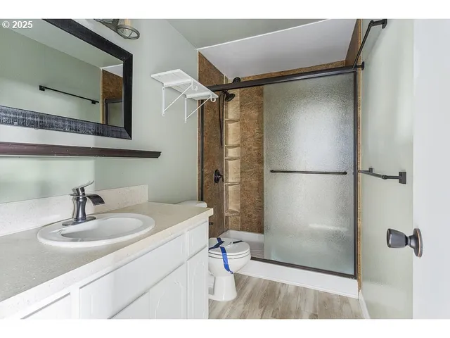 a bathroom with a sink vanity mirror and shower