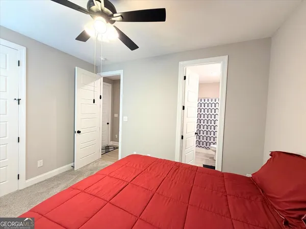 a bedroom with a bed and a closet
