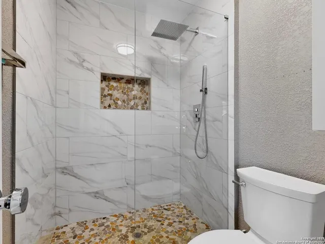a bathroom with a shower and toilet