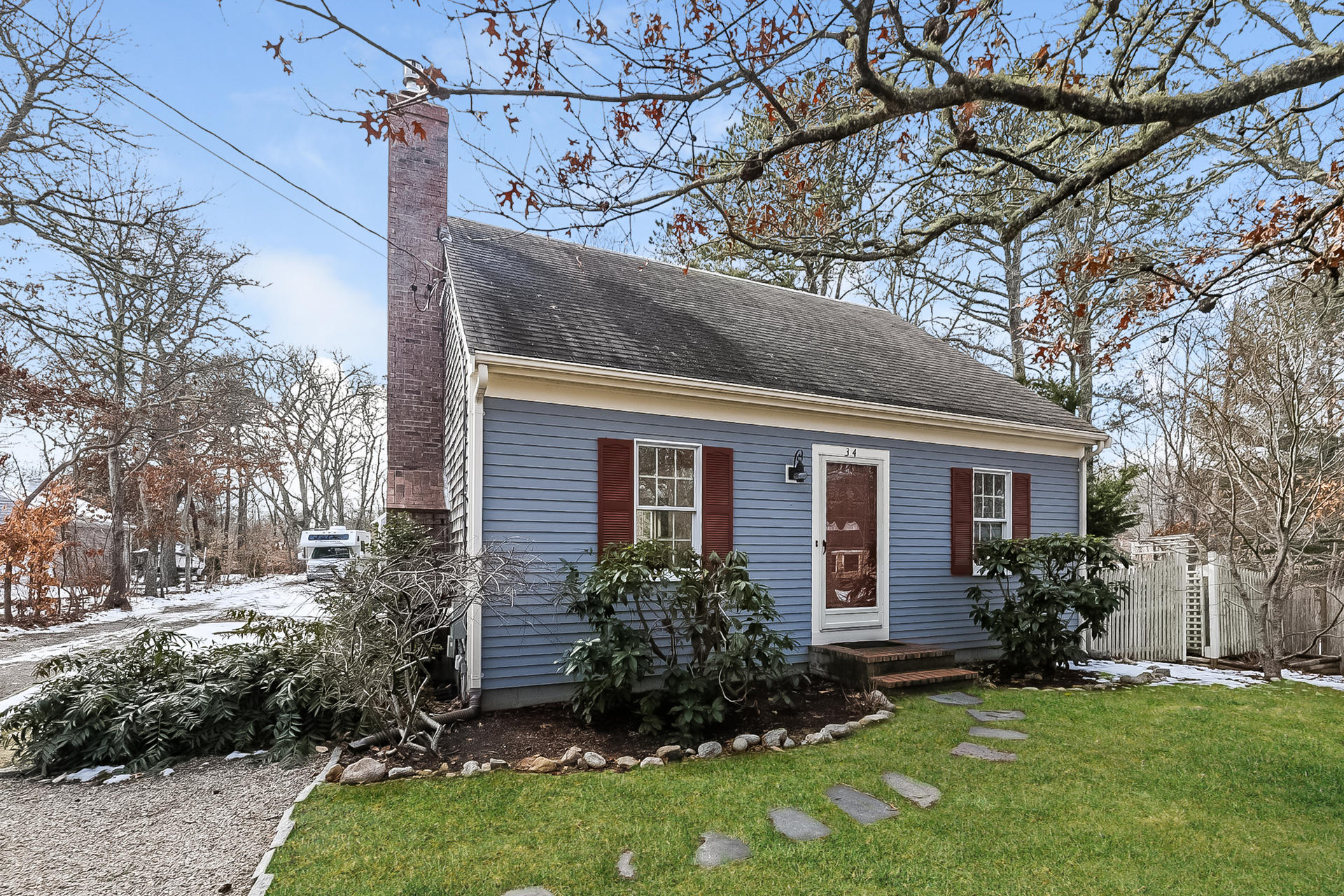 a view of a yard in front of a house with plants and large tree
