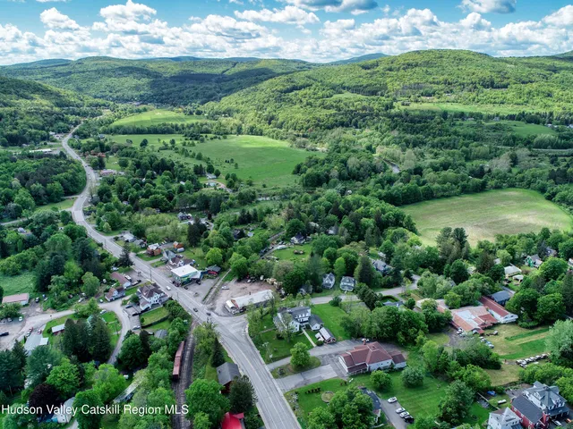 a view of a green yard with large trees