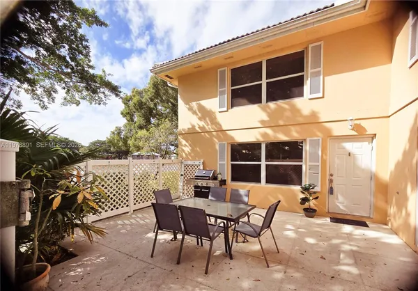 a backyard of a house with table and chairs