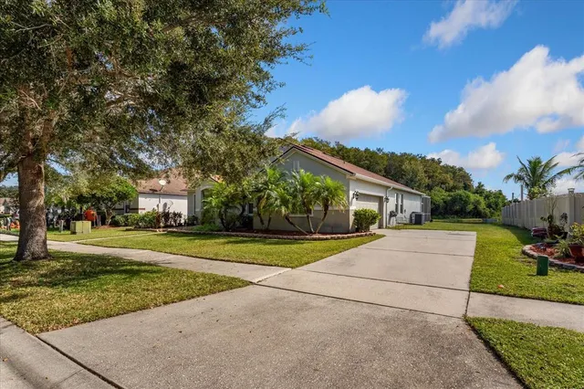 a view of a house with a yard and large tree