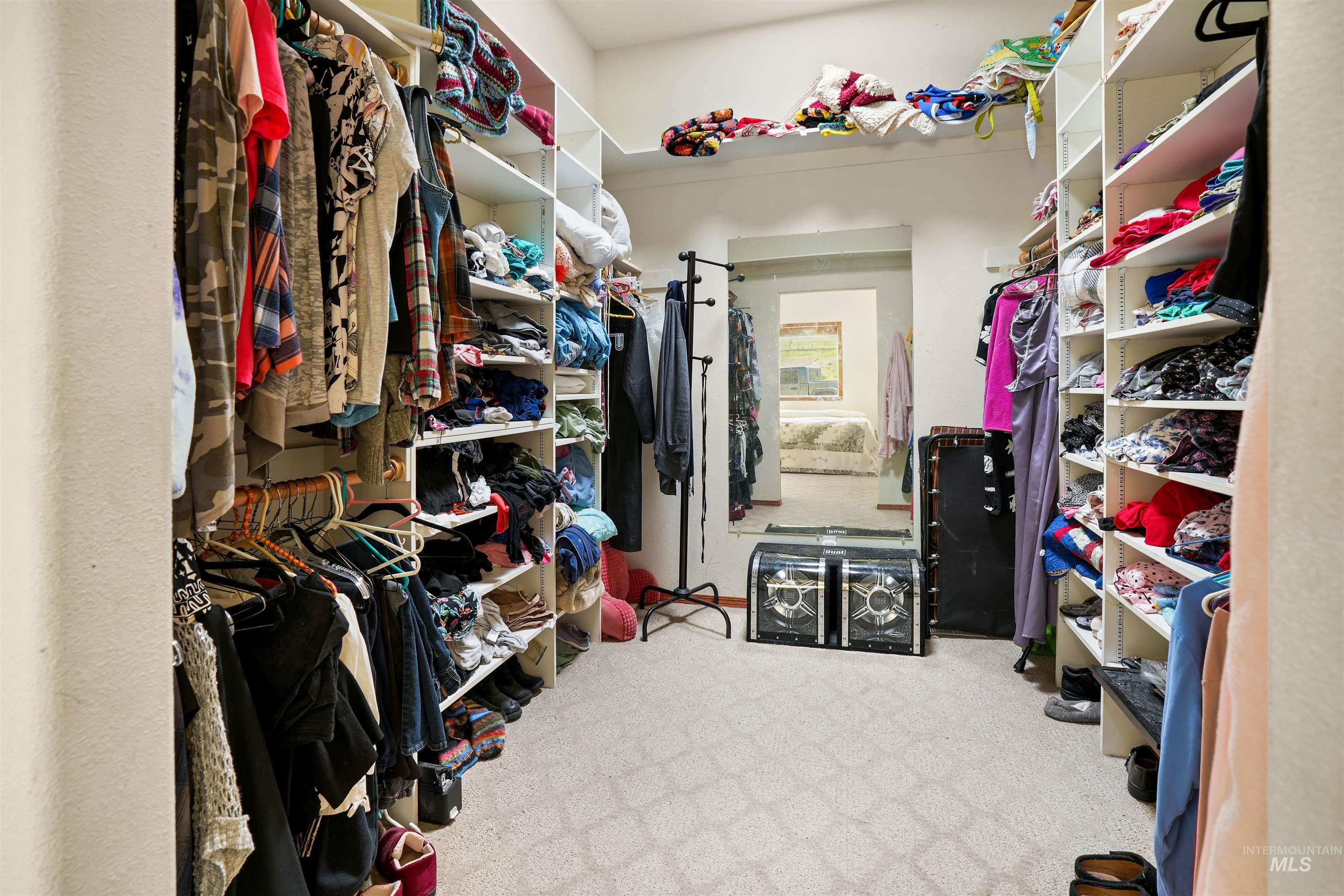 2750 South Perry Lane Clarkston, WA 99403 - Photo 28 of 47 Walk-in closet featuring extensive built-in shelving, multiple hanging rods, durable carpet flooring, a full-length mirror, and ample storage capacity