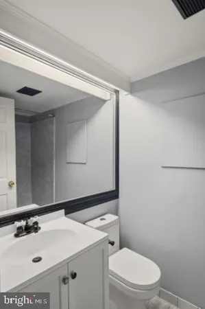 a bathroom with a sink a toilet and mirror