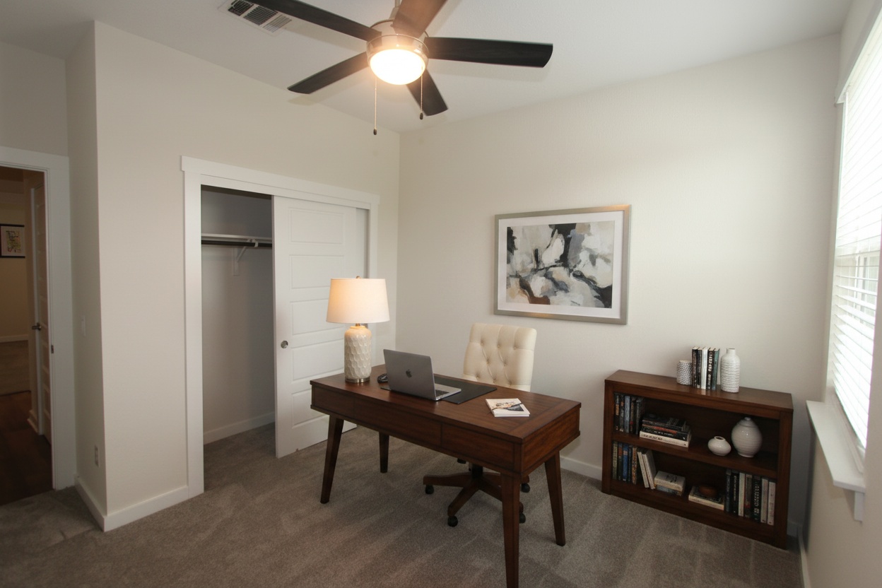 100 Century Plant Road Leander, TX 78641 - Photo 18 of 36 A well-appointed front of the house bed-room/study features soft carpeting and a functional ceiling fan.