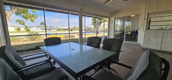 a view of a dining room with furniture window and outside view
