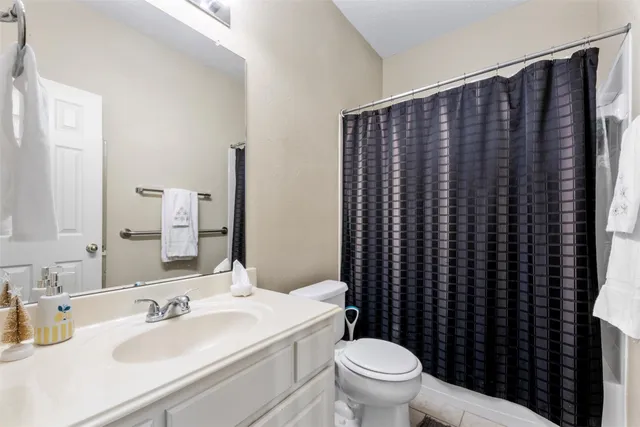 a bathroom with a sink a toilet a mirror and shower curtain