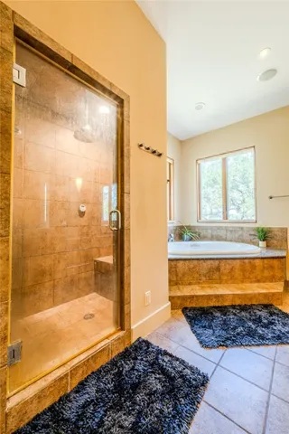 a bathroom with a bathtub and a shower