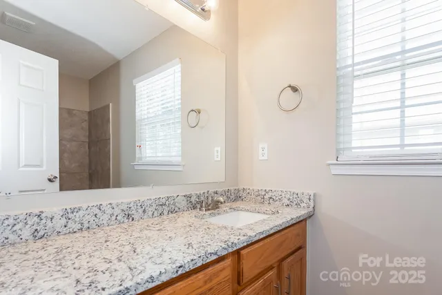a bathroom with a granite countertop sink and a mirror