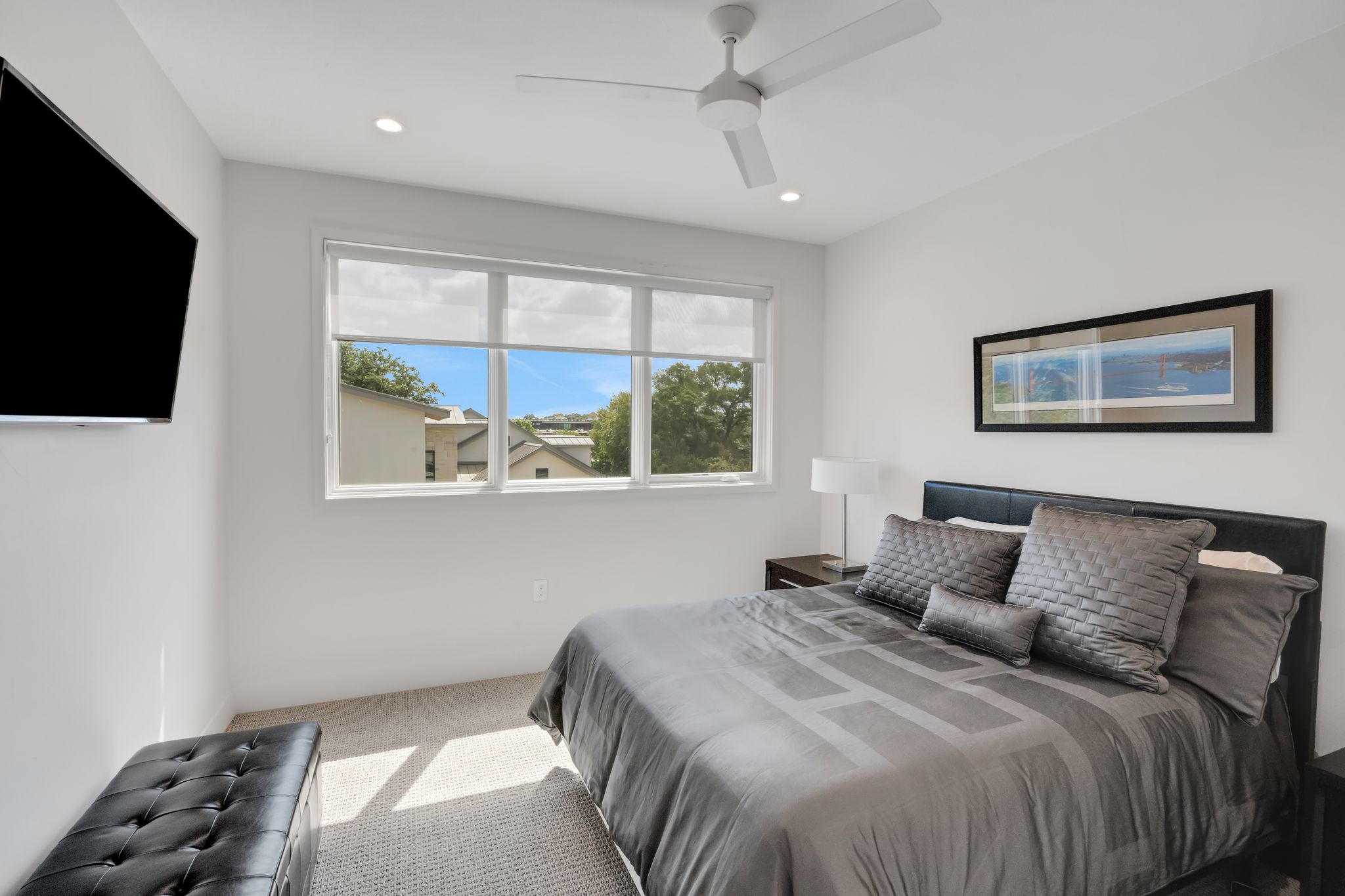 809 Bouldin Avenue Austin, TX 78704 - Photo 20 of 39 Bedroom with light carpet, ceiling fan, and recessed lighting