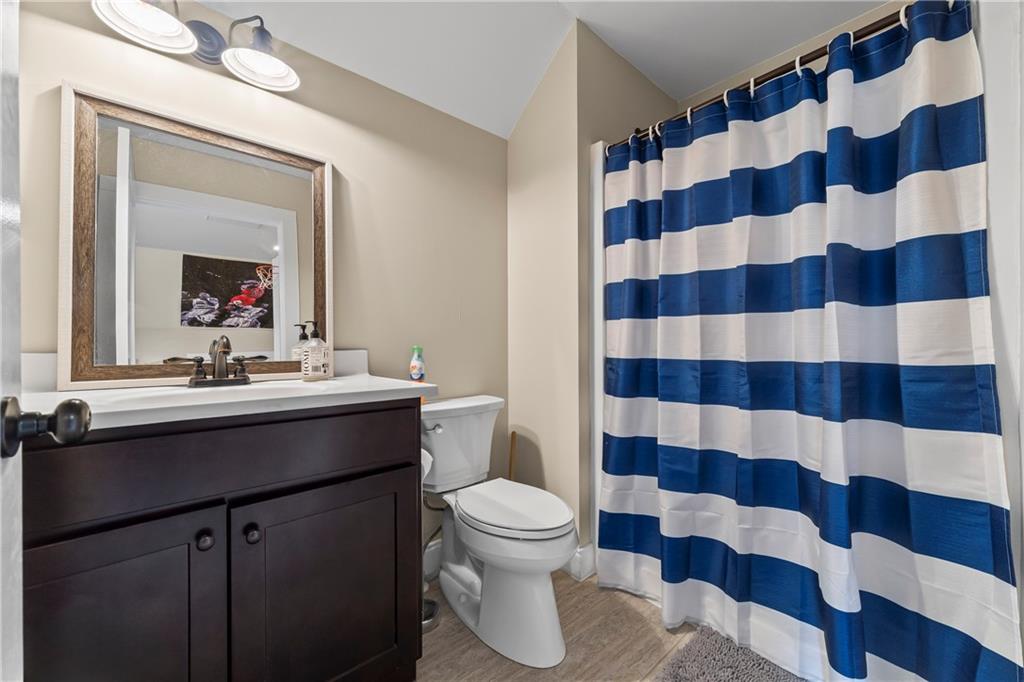5240 Highway 17 Clarkesville, GA 30523 - Photo 63 of 82 a bathroom with a sink a toilet a mirror and shower curtain
