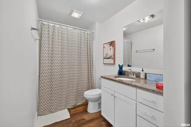 a bathroom with a granite countertop sink a toilet and a mirror