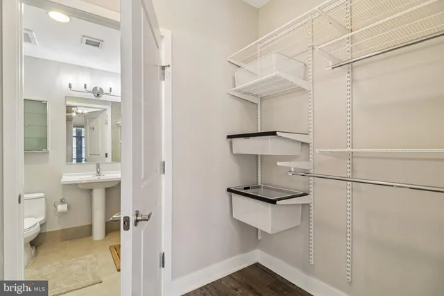 a walk in closet and a bathroom with a sink