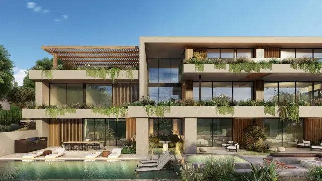 a front view of building with cars parked