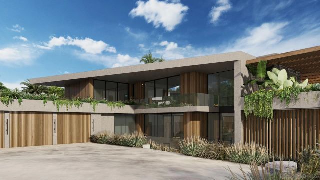 a front view of house and yard with green space