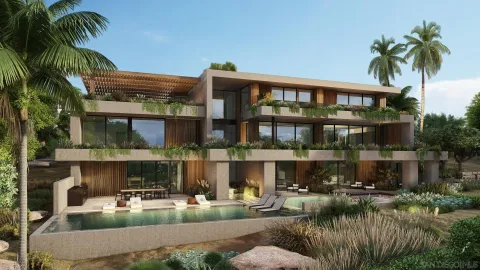 a front view of a house with swimming pool and a yard