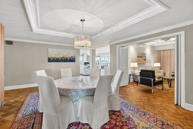 a view of a dining room with furniture