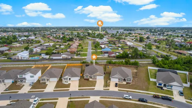 a view of a city with lawn chairs