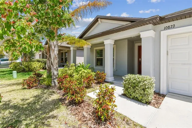 a view of a house with potted plants