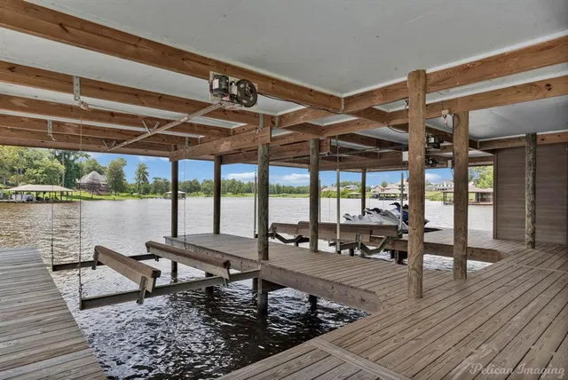 a building outdoor space with wooden floor and a table